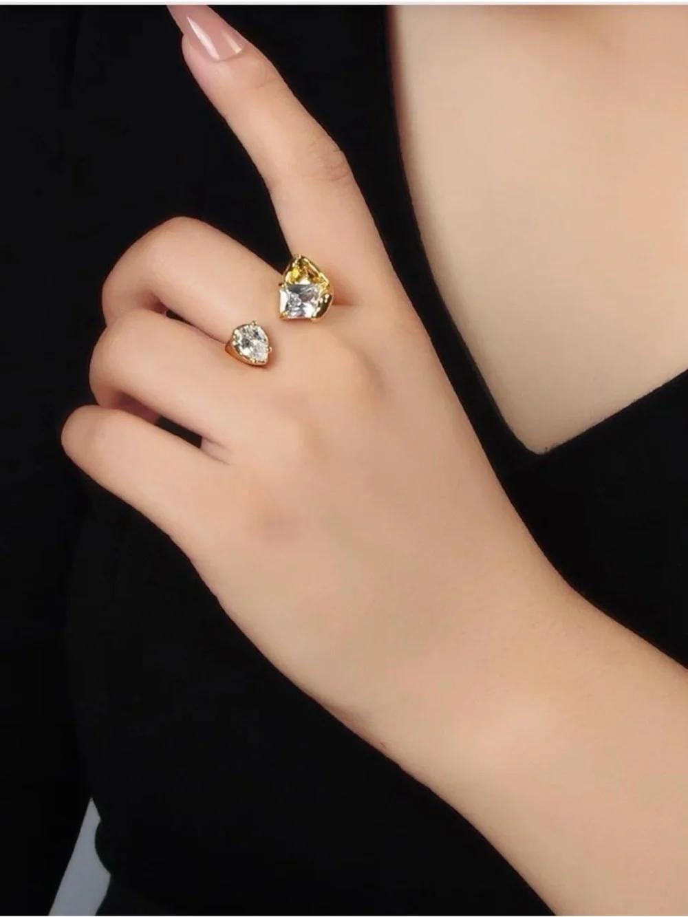 24K Gold Filled Clear CZ Baguette Teardrop Molten Wrap Ring sz 6.5 Adjustable